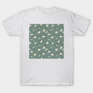 Chamomile Blooms on Green Pine Gingham Textured Stripes T-Shirt